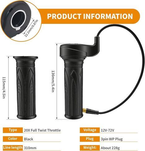 20X Full Twist Throttle Grip Ebike Twist Throttle 3 Pin with Waterproof Connector for 12V-72V Twist Throttle Electric Bike Electric Scooter Conversion Used for 22.2mm Handlebar. in Saudi Arabia