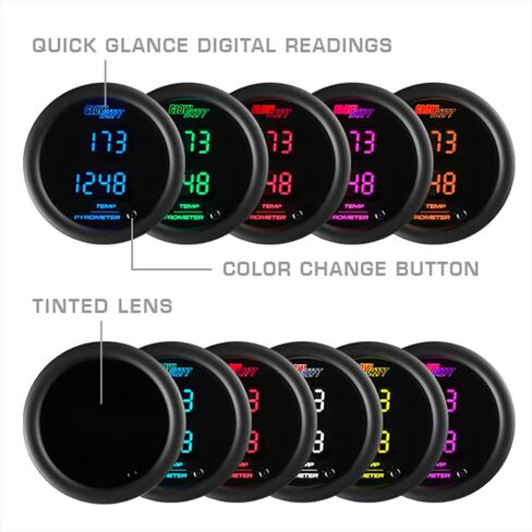 GlowShift 10 Color Digital Dual Pyrometer Exhaust Gas EGT & Temperature Combo Gauge Kit - Includes Electronic Sensors - 2 Multi-Color LED Displays - Tinted Lens - 2-1/16" (52mm) in Kuwait
