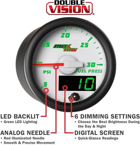 مجموعة قياس ضغط الوقود MaxTow Double Vision 30 PSI - تتضمن مستشعرًا إلكترونيًا - وجه مقياس أبيض - قرص مضيء LED أخضر - قراءات تناظرية ورقمية - لشاحنات الديزل - 2-1/16 بوصة 52 مم in Kuwait