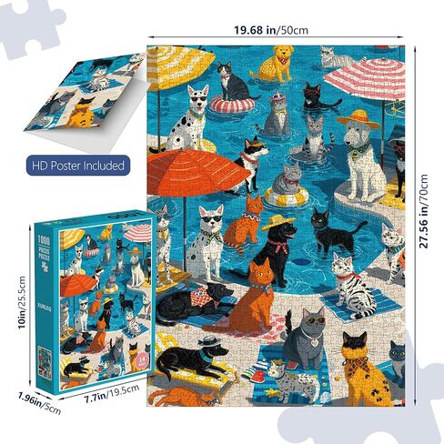 1000 Pieces Puzzle for Adults, Challenging Funny Paws Poolside Party Jigsaw Puzzles, Premium Matte Finish, 27.56 x 19.68 Inches, Perfect for Game Nights in Saudi Arabia