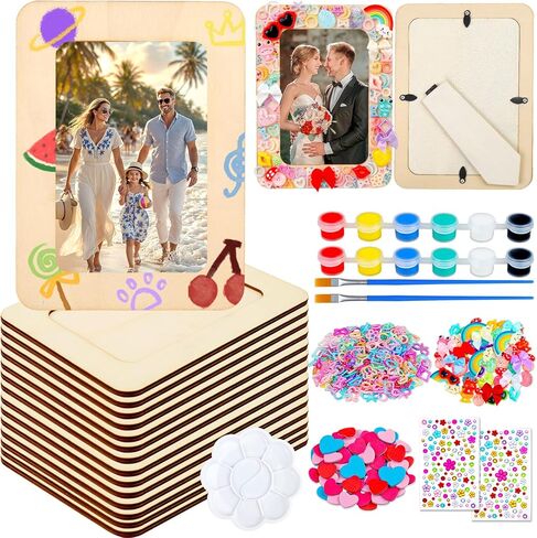 Picture Frame Painting Craft Kit,12 Pack Unfinished Wooden Picture Frames 4 x 6 Inch with Pearl Resin Diamond and Foam Stickers for DIY Paint and Decorate Craft Birthday Wedding Gifts in Saudi Arabia