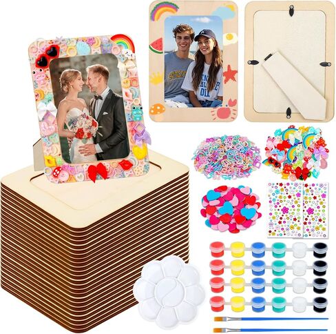 Picture Frame Painting Craft Kit,12 Pack Unfinished Wooden Picture Frames 4 x 6 Inch with Pearl Resin Diamond and Foam Stickers for DIY Paint and Decorate Craft Birthday Wedding Gifts in Saudi Arabia