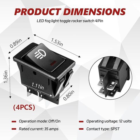 4 قطع مفتاح تبديل ضوء الضباب للسيارة DC 12V 35A، 4 دبابيس مفتاح تشغيل/إيقاف لاستبدال مصابيح الضباب، مفاتيح الروك الأمامية الخلفية لمصباح الضباب مع ضوء LED، ملحقات السيارة (أحمر + أخضر + أزرق + أصفر) in Kuwait