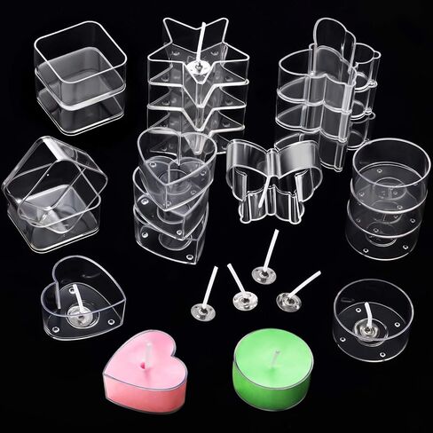 Plastic Clear Tea Light Cup Holders - Heat-Resistant Plastic Votive Containers in Heart, Square, Star, Round, Butterfly Shapes - Tealight Cups with 25 mm Candle Wicks for DIY Candle Making (20 Pieces) in Kuwait