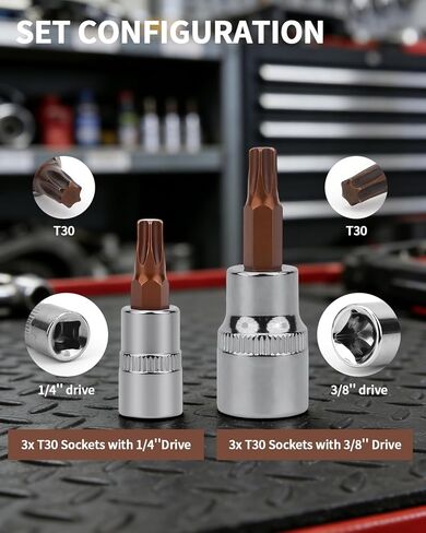 6 PCS T30 Torx Bit Socket Set - 3Pcs T30 Torx Bit 1/4" & 3Pcs 3/8 Drive, CR-V S2 Steel Star Sockets for Ratchet, Impact Drill, Torque Wrench, Slide Bar in Saudi Arabia