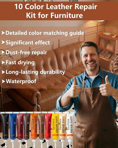 Leather Repair Kit for Furniture - 10 Color Vinyl Repair Kit for Sofa/Jacket/Car Seats/Purse/Shoes/Couch - Fix Scratches/Tears/Holes/Peeling on Bonded/Pleather/Genuine in Saudi Arabia