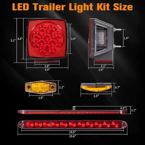 Road Hawk 12V LED Trailer Tail Lights Kit,Submersible Boat Trailer Lights with DOT Approved,Square LED Trailer Tail Light with Red/Amber Side Fender Marker Lamps for Under 80Inch Trailer Boat Truck RV in Saudi Arabia