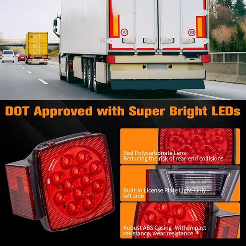 Road Hawk 12V LED Trailer Tail Lights Kit,Submersible Boat Trailer Lights with DOT Approved,Square LED Trailer Tail Light with Red/Amber Side Fender Marker Lamps for Under 80Inch Trailer Boat Truck RV in Saudi Arabia