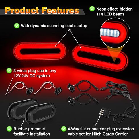 Hitch Cargo Carrier Light Kit, Oval LED Trailer Lights 2PCS 6Inch Red Turn Signal Tail Light with Grommets Wire Harness & 3-Prong Wire Pigtails, Waterproof for Luggage Bike Rack Trailer in Saudi Arabia