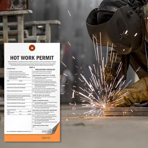 SmartSign 2-Part Hot Work Permit Tag (Pack of 25), 9.75 x 5.5 inch, 10 pt Thick Fluorescent Cardstock with Reinforced Fiber Patch (No Attachment), Sequentially Pre-Numbered Hot Work Permit Status Tag in Kuwait
