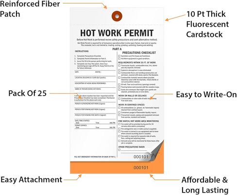 SmartSign 2-Part Hot Work Permit Tag (Pack of 25), 9.75 x 5.5 inch, 10 pt Thick Fluorescent Cardstock with Reinforced Fiber Patch (No Attachment), Sequentially Pre-Numbered Hot Work Permit Status Tag in Kuwait