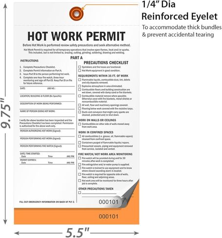 SmartSign 2-Part Hot Work Permit Tag (Pack of 25), 9.75 x 5.5 inch, 10 pt Thick Fluorescent Cardstock with Reinforced Fiber Patch (No Attachment), Sequentially Pre-Numbered Hot Work Permit Status Tag in Kuwait