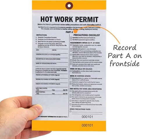 SmartSign 2-Part Hot Work Permit Tag (Pack of 25), 9.75 x 5.5 inch, 10 pt Thick Fluorescent Cardstock with Reinforced Fiber Patch (No Attachment), Sequentially Pre-Numbered Hot Work Permit Status Tag in Kuwait