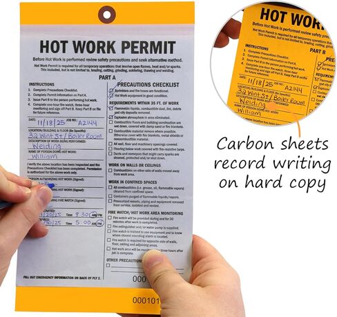 SmartSign 2-Part Hot Work Permit Tag (Pack of 25), 9.75 x 5.5 inch, 10 pt Thick Fluorescent Cardstock with Reinforced Fiber Patch (No Attachment), Sequentially Pre-Numbered Hot Work Permit Status Tag in Kuwait