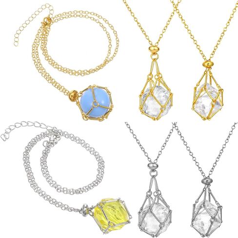 4 Pcs Adjustable Crystal Necklace Holder, 2 Size Crystal Cage Necklace Holder Empty Stone Pendant for DIY Jewelry Making Gift Women Men (Gold, Silver) in Kuwait