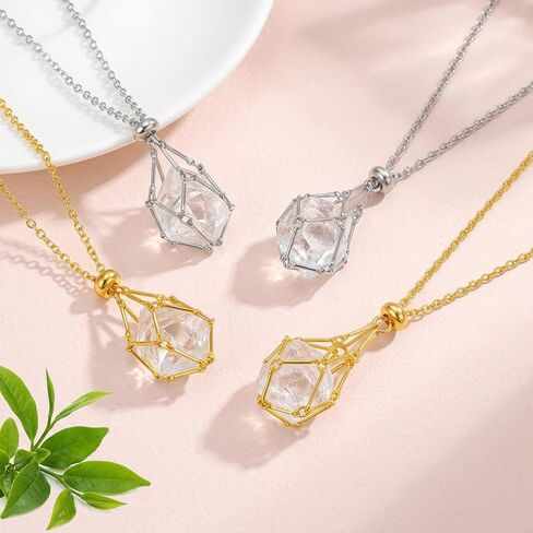 4 Pcs Adjustable Crystal Necklace Holder, 2 Size Crystal Cage Necklace Holder Empty Stone Pendant for DIY Jewelry Making Gift Women Men (Gold, Silver) in Kuwait