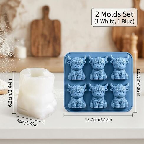 2-Piece Highland Cow Silicone Mold, Set with White and Blue Molds for Crafting and Baking, Reusable Food-Grade Material for Chocolate, Resin, and Soap Making in Saudi Arabia