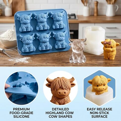2-Piece Highland Cow Silicone Mold, Set with White and Blue Molds for Crafting and Baking, Reusable Food-Grade Material for Chocolate, Resin, and Soap Making in Saudi Arabia