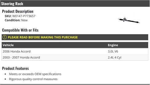 Marketplace Auto Parts Power Steering Rack - Compatible with 2003-2007 Honda Accord in Saudi Arabia