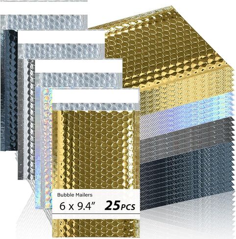 25 Pcs Metallic Bubble Mailers Holographic Bubble Mailers 6 x 9.4 Inch Self Seal Waterproof Shipping Bags Self-Seal Adhesive Poly Padded Envelopes for Mailing Packaging Small Business in Saudi Arabia
