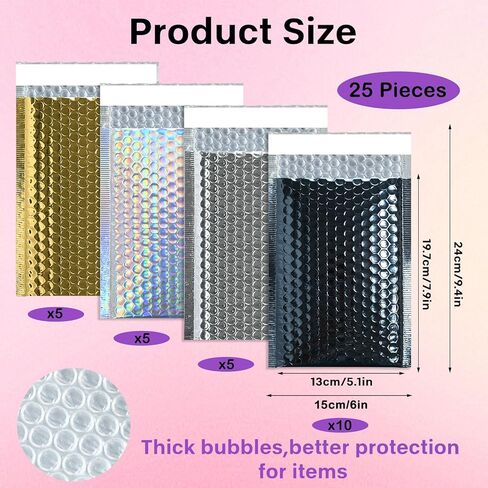 25 Pcs Metallic Bubble Mailers Holographic Bubble Mailers 6 x 9.4 Inch Self Seal Waterproof Shipping Bags Self-Seal Adhesive Poly Padded Envelopes for Mailing Packaging Small Business in Saudi Arabia