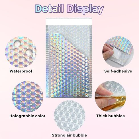 25 Pcs Metallic Bubble Mailers Holographic Bubble Mailers 6 x 9.4 Inch Self Seal Waterproof Shipping Bags Self-Seal Adhesive Poly Padded Envelopes for Mailing Packaging Small Business in Saudi Arabia