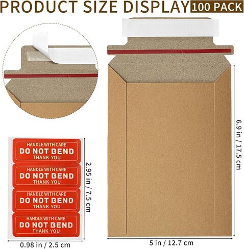 100 Pack 5" x 6.9" Rigid Mailers Shipping Envelopes, 400GSM Mailers Cardboard Envelope with "DO NOT BEND" Labels, Stay Flat Self Seal Document Envelope for Photos, Cards and Stamps, Brown in Saudi Arabia