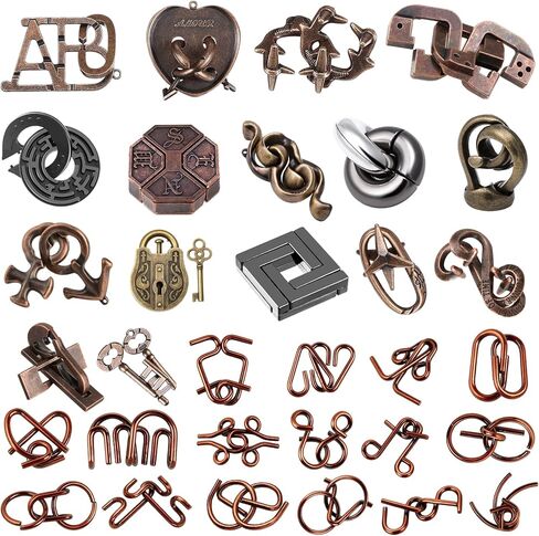 32 Pcs Brain Teaser Puzzles Set for Adults Kids – Vintage Wooden & Metal 3D IQ Game, Challenging Disentanglement Logic Puzzles, Family Party Favor Portable Travel Pouch Set in Saudi Arabia
