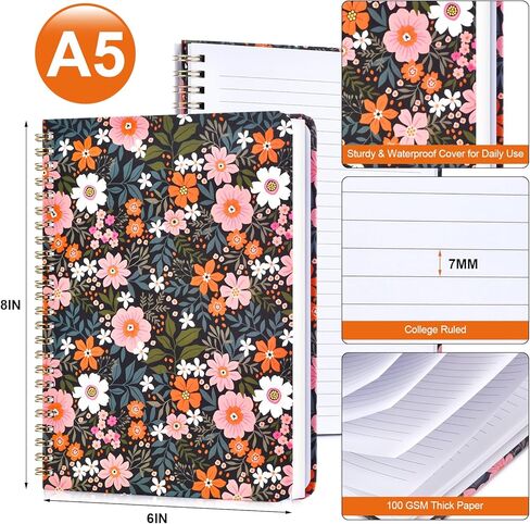Spiral Notebook for Women, Spiral Notebook College Ruled Floral Pattern Hardcover, 140 Pages, Notebooks for Work & Journal, Note Taking, A5 100 GSM and Double-Sided Pocket in Saudi Arabia