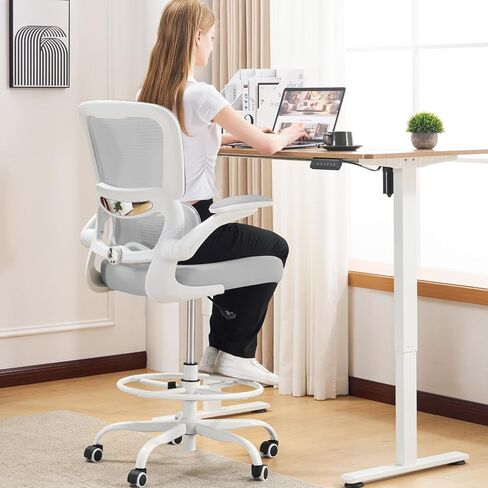 TRALT Drafting Chair - Tall Office Chair for Standing Desk - High Office Chair with Adjustable Footrest Ring Lumbar Support - Tall Office Chairs for Home Office with Flip-Up Armrests (Black) in Saudi Arabia