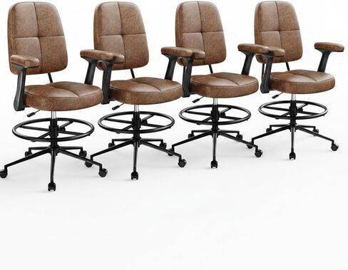 Marsail Drafting Chair with Flip-Up Armrests and Footrest, Ergonomic Tall Office Chair, Height Adjustable High Chair, Brown Leather Seat with Thick Cushion, 360° Swivel, for Standing Desk, Home Office in Saudi Arabia
