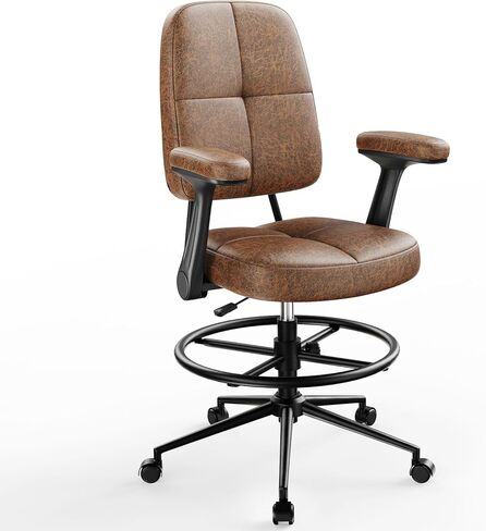 Marsail Drafting Chair with Flip-Up Armrests and Footrest, Ergonomic Tall Office Chair, Height Adjustable High Chair, Brown Leather Seat with Thick Cushion, 360° Swivel, for Standing Desk, Home Office in Saudi Arabia