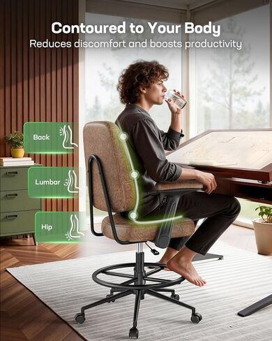 Marsail Drafting Chair with Flip-Up Armrests and Footrest, Ergonomic Tall Office Chair, Height Adjustable High Chair, Brown Leather Seat with Thick Cushion, 360° Swivel, for Standing Desk, Home Office in Saudi Arabia