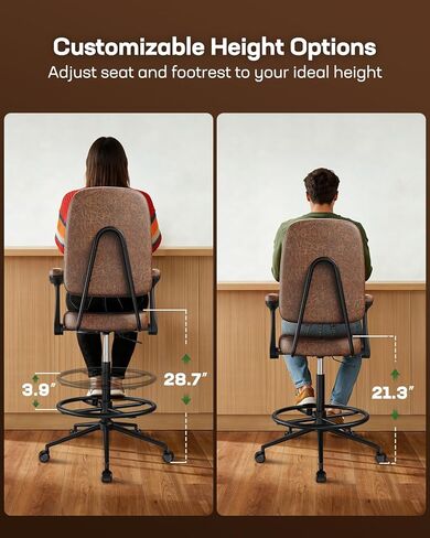 Marsail Drafting Chair with Flip-Up Armrests and Footrest, Ergonomic Tall Office Chair, Height Adjustable High Chair, Brown Leather Seat with Thick Cushion, 360° Swivel, for Standing Desk, Home Office in Saudi Arabia