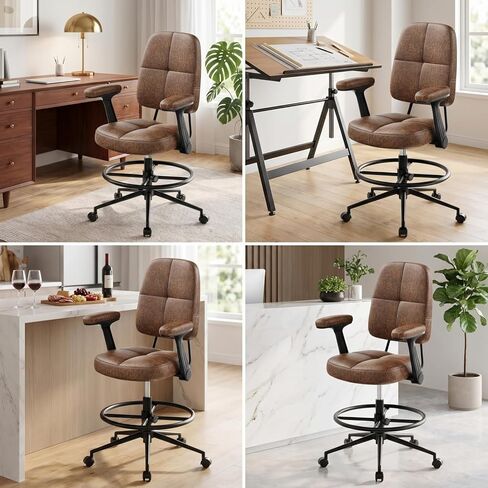 Marsail Drafting Chair with Flip-Up Armrests and Footrest, Ergonomic Tall Office Chair, Height Adjustable High Chair, Brown Leather Seat with Thick Cushion, 360° Swivel, for Standing Desk, Home Office in Saudi Arabia