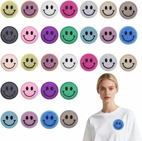 30PCS Sequin Iron on Patches,Iron on Smiley Face Patch for Hats,Clothing,Jeans(15 Colors) in Saudi Arabia
