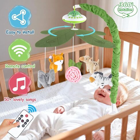 Baby Crib Mobile with Music and Lights, Nursery Baby Mobile for Crib Bassinet with Remote Control, Rotation, Starlight Projection, Crib Toys for Babies Boys Girls Pink in Saudi Arabia