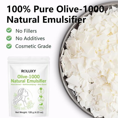 ROLUXY Olive-1000 Natural Emulsifier | 100% Pure Olive-Derived Oil-in-Water Emulsifying Wax 120g (4.23oz) | PEG-Free, Self-Emulsifying for DIY Skincare & Haircare, Cetearyl Olivate & Sorbitan Olivate in Kuwait