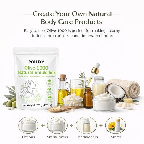 ROLUXY Olive-1000 Natural Emulsifier | 100% Pure Olive-Derived Oil-in-Water Emulsifying Wax 120g (4.23oz) | PEG-Free, Self-Emulsifying for DIY Skincare & Haircare, Cetearyl Olivate & Sorbitan Olivate in Kuwait