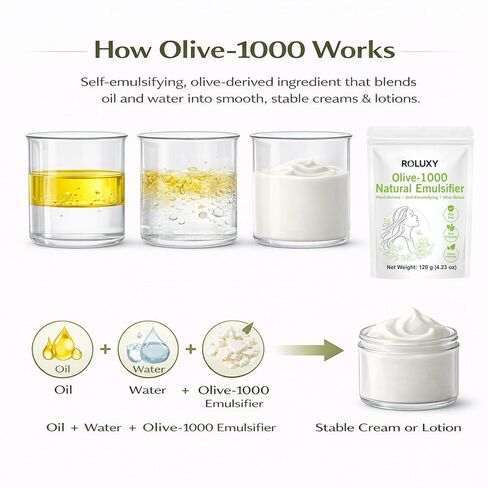 ROLUXY Olive-1000 Natural Emulsifier | 100% Pure Olive-Derived Oil-in-Water Emulsifying Wax 120g (4.23oz) | PEG-Free, Self-Emulsifying for DIY Skincare & Haircare, Cetearyl Olivate & Sorbitan Olivate in Kuwait