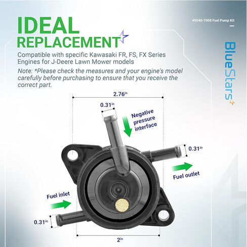 BlueStars 49040-7008 49040-0770 MIU12470 Fuel Pump - Compatible with Kawasaki FS FR FX Series Engines FS481V FS541V FS600V FS651V FS691V FS730V FR541V FR600V FR651V FR691V FR730V Fuel Filter Clamps in Kuwait