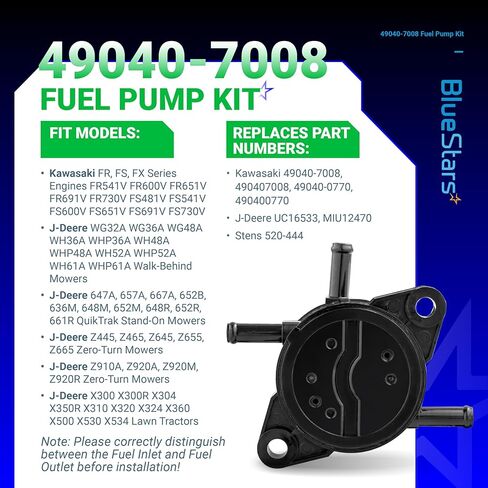 BlueStars 49040-7008 49040-0770 MIU12470 Fuel Pump - Compatible with Kawasaki FS FR FX Series Engines FS481V FS541V FS600V FS651V FS691V FS730V FR541V FR600V FR651V FR691V FR730V Fuel Filter Clamps in Kuwait