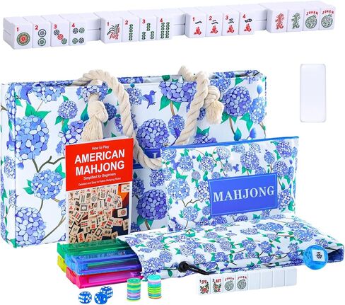 Mahjong Set Complete with Blue Carrying Bag, 166 White Mahjong Tiles（1.2"）, 4 All-in-One Colorful Mahjong Racks with Pushers, Majiang Tile Set in Saudi Arabia