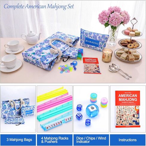 Mahjong Set Complete with Blue Carrying Bag, 166 White Mahjong Tiles（1.2"）, 4 All-in-One Colorful Mahjong Racks with Pushers, Majiang Tile Set in Saudi Arabia