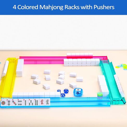 Mahjong Set Complete with Blue Carrying Bag, 166 White Mahjong Tiles（1.2"）, 4 All-in-One Colorful Mahjong Racks with Pushers, Majiang Tile Set in Saudi Arabia