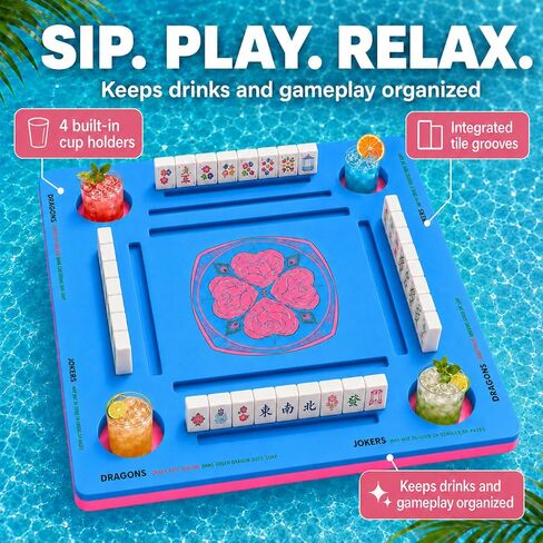 Adkoat® Pool Floating Mahjong Table Mat with Rules - 32" Square Foam Game Board with 2 Tile Grooves & 4 Cup Holders - Mah Jong Pool Float Tray for Mahjong Nights, Summer Party Outdoor Games in Saudi Arabia