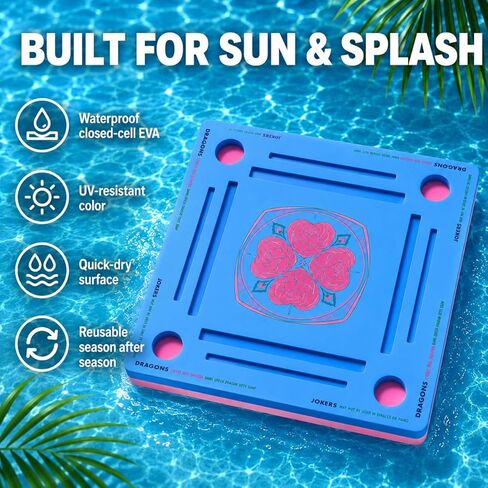 Adkoat® Pool Floating Mahjong Table Mat with Rules - 32" Square Foam Game Board with 2 Tile Grooves & 4 Cup Holders - Mah Jong Pool Float Tray for Mahjong Nights, Summer Party Outdoor Games in Saudi Arabia