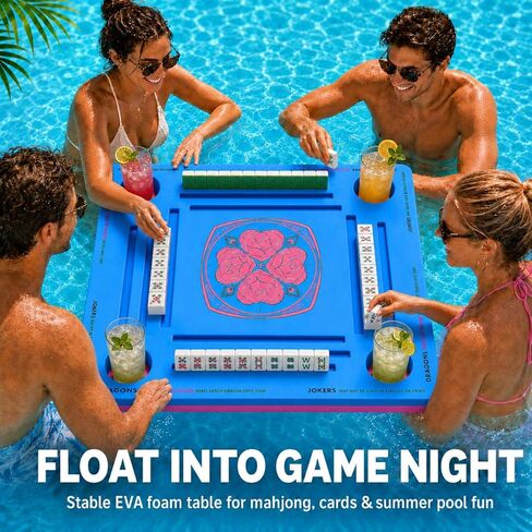 Adkoat® Pool Floating Mahjong Table Mat with Rules - 32" Square Foam Game Board with 2 Tile Grooves & 4 Cup Holders - Mah Jong Pool Float Tray for Mahjong Nights, Summer Party Outdoor Games in Saudi Arabia