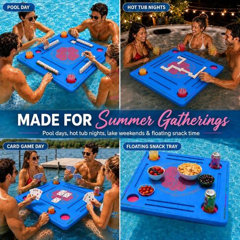 Adkoat® Pool Floating Mahjong Table Mat with Rules - 32" Square Foam Game Board with 2 Tile Grooves & 4 Cup Holders - Mah Jong Pool Float Tray for Mahjong Nights, Summer Party Outdoor Games in Saudi Arabia