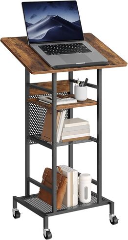 MAHANCRIS Podium Stand with Locking Wheels, 4-Tier Mobile Lectern with Storage Shelves and Non-Slip Lip, for Classroom, Church, Conference Standing Desk, Rustic Brown and Black LPHR6001 in Kuwait